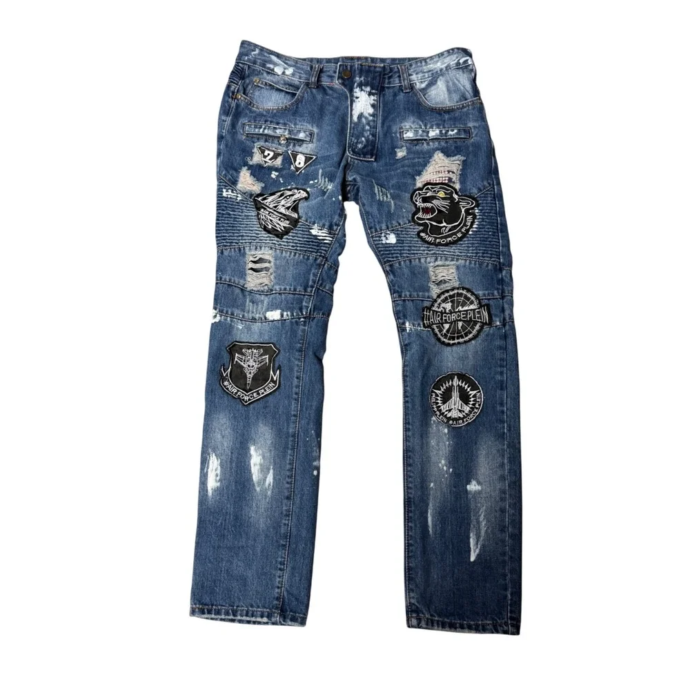 Mens Fashion Jeans Distressed Patches Air Force Panther‎ Eagle Blue Size 34